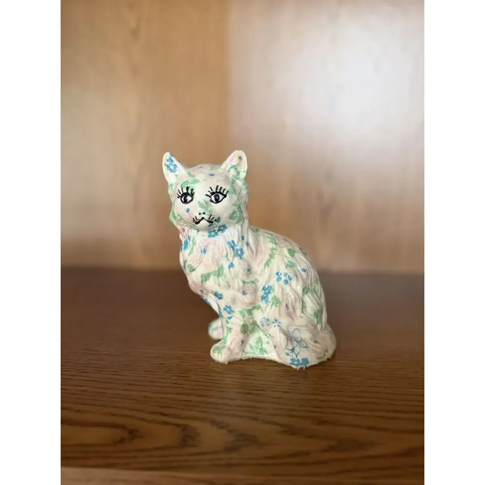 Vintage Floral Chintz Ceramic Cat Figurine Retro Kitsch Calico Kitty
